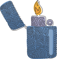 Single einer Linie Zeichnung Metall Feuerzeug. Feuer von Feuerzeug. Handbuch, Gas Feuerzeug mit Verbrennung Flamme im eben Stil. Strudel locken Stil Konzept. modern kontinuierlich Linie zeichnen Design Grafik Illustration png