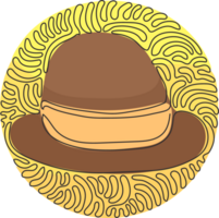 Single one line drawing fedora hat, side view, with tan leather band. Wool, felt fabric. Men head accessory. Swirl curl circle style. Continuous line draw design graphic illustration png