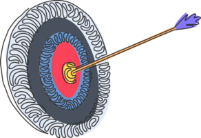 Single kontinuierlich Linie Zeichnung Bogenschießen Ziel mit Pfeile Bogenschütze Sport Spiel Wettbewerb. Dartscheibe mit Pfeil Symbol. Strudel locken Stil Konzept. dynamisch einer Linie zeichnen Grafik Design Illustration png