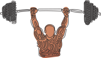 Single one line drawing Bodybuilder Fitness Model with barbell. Fitness logo badge with muscle man, Gymnastic or Body Build. Swirl curl style. Continuous line draw design graphic illustration png
