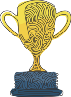Single continuous line drawing winner's trophy icon. Golden trophy is symbol of victory in sports event. Swirl curl style concept. Dynamic one line draw graphic design illustration png