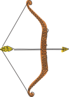 Single einer Linie Zeichnung Pfeil und Bogen indisch Bogenschießen Waffe. einheimisch Langbogen Krieger oder Jagd Ausrüstung. Stammes- hölzern Rüstung. Strudel locken Stil. kontinuierlich Linie zeichnen Design Grafik Illustration png