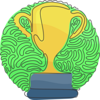 Single one line drawing winner's trophy icon. Golden trophy is symbol of victory in sports event. Swirl curl circle style. Continuous line draw design graphic illustration png