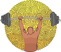 Célibataire continu ligne dessin bodybuilder aptitude modèle avec haltère. aptitude logo badge avec muscle homme, gymnastique ou corps construire. tourbillon boucle cercle style. un ligne dessiner graphique conception png