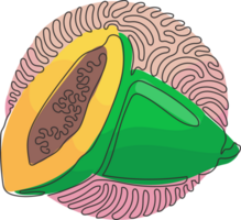 contínuo 1 linha desenhando todo e fatiado doce mamão fruta. maduro mamão fruta com sementes. saboroso Aperitivo. redemoinho ondulação círculo estilo. solteiro linha desenhar Projeto gráfico ilustração png