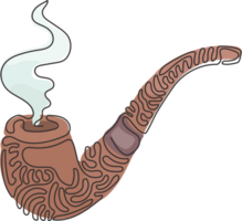 Single continuous line drawing smoking pipe with smoke. Tobacco pipe isolated. Tube for smoking tobacco. Personal smoking pipe. Swirl curl style. One line draw graphic design illustration png