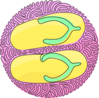 Continuous one line drawing flip flops icon. Cute and colorful summer flip flops for beach holiday designs. Swirl curl circle style. Single line draw design graphic illustration png