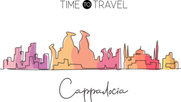 continuo uno linea disegno Cappadocia città orizzonte, tacchino. bellissimo punto di riferimento opera d'arte. mondo paesaggio turismo viaggio parete arredamento manifesto Stampa arte. elegante singolo linea disegnare design illustrazione png