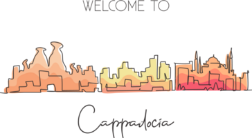 Single one line drawing Cappadocia city skyline, Turkey. World historical town landscape. Best holiday destination postcard art. Editable stroke trendy continuous line draw design illustration png