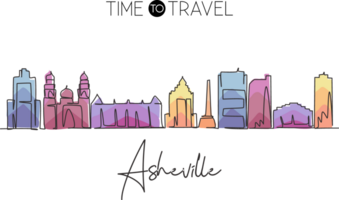 Single one line drawing Asheville city skyline, North Carolina. World historical town landscape. Best holiday destination postcard. Trendy continuous line draw graphic design illustration png