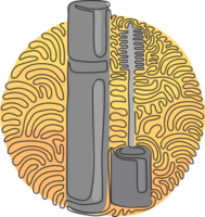 single een lijn tekening zwart mascara fles. borstel en mascara buis. modieus schoonheidsmiddelen bedenken ontwerp voor ogen. kolken krullen cirkel achtergrond stijl. doorlopend lijn trek ontwerp grafisch png