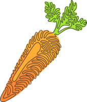 Continuous one line drawing fresh orange carrot with green leaves, health food. Carrot fresh vegetable healthy food. Swirl curl style concept. Single line draw design graphic illustration png