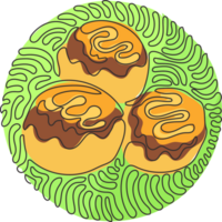 Single one line drawing takoyaki, octopus balls, Japanese fast food. Tasty snack with mayonnaise, seaweed. Swirl curl circle style. Continuous line draw design graphic illustration png