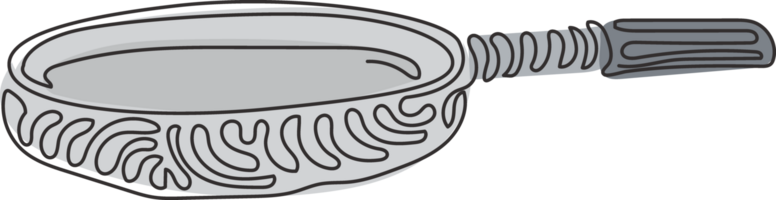 continu un ligne dessin friture poêle. cuisine articles pour cuisson. poêle, casserole, friture poêle. ustensiles de cuisine à maison. tourbillon boucle style. Célibataire ligne dessiner conception graphique illustration png