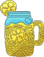 Célibataire un ligne dessin main tiré citron, citron tranche, pot avec limonade. fraîcheur du froid boisson l'eau dans été. tourbillon boucle style. moderne continu ligne dessiner conception graphique illustration png