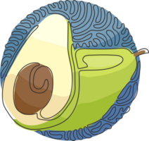 singolo uno linea disegno totale avocado e metà con seme. salutare vegano vegetariano cibo. gustoso aperitivo. turbine arricciare cerchio stile. continuo linea disegnare design grafico illustrazione png