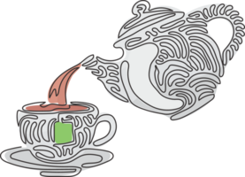 Single kontinuierlich Linie Zeichnung Teekanne zum Tee Trinken gießt heiß Wasser in Tasse. Frühstück Utensilien. schwarz und Weiß . Strudel locken Stil. dynamisch einer Linie zeichnen Grafik Design Illustration png