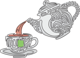 singolo continuo linea disegno teiera per tè potabile versa caldo acqua in tazza. prima colazione utensili. nero e bianca . turbine arricciare stile. dinamico uno linea disegnare grafico design illustrazione png