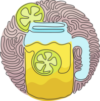 Single one line drawing hand drawn lemon, lemon slice, jar with lemonade. Freshness cold drink water in summer. Swirl curl style. Modern continuous line draw design graphic illustration png