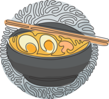 Single one line drawing Japanese food ramen noodles with various toppings in bowl. Traditional Asian noodle soup. Swirl curl circle style. Modern continuous line draw design graphic png