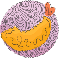 Continuous one line drawing tempura shrimp fried Japanese food ebifurai. Delicious cooked prawns for lunch. Swirl curl circle style. Single line draw design graphic illustration png