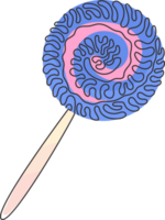 Single continuous line drawing swirl lollipops. Colored sugar candies for dessert. Sweet candy on stick with twisted design. Swirl curl style. Dynamic one line draw graphic design illustration png