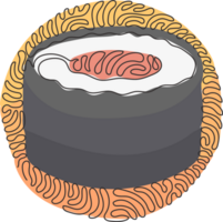 kontinuerlig ett linje teckning sushi rulla med lax. traditionell japansk måltid. meny i japansk restaurang. virvla runt ringla cirkel stil. enda linje dra design grafisk illustration png