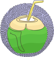 Continuous one line drawing green coconut water drink with drinking straw. Summer dessert food and drink menu. Swirl curl circle style. Single line draw design graphic illustration png