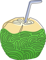 Single continuous line drawing green coconut water drink with drinking straw. Summer tropical dessert food and drink menu. Swirl curl style. Dynamic one line draw graphic design illustration png