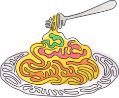 Continuous one line drawing spaghetti bolognese with fork on plate. Classic Italian pasta dish for lunch. Delicious meal at home. Swirl curl style. Single line draw design graphic illustration png