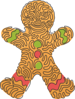 Continuous one line drawing gingerbread man icing. Cookie in shape of man. Illustration for winter holiday, cooking, new year's eve. Swirl curl style. Single line design graphic illustration png