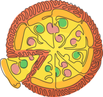 Single continuous line drawing pizza with tomato, cheese, olive, sausage, onion, basil. Traditional Italian fast food. Swirl curl circle style. Dynamic one line draw graphic design png