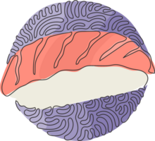 Single continuous line drawing traditional Japanese sushi, raw tuna or maguro rice ball. Menu in Japanese restaurant. Swirl curl circle style. Dynamic one line draw graphic design vector png