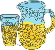 enda kontinuerlig linje teckning citronsaft i kanna och glas. glas och tillbringare med citroner och is kuber. friskhet kall dryck. virvla runt ringla stil. dynamisk ett linje dra grafisk design illustration png