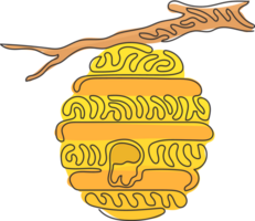 Continuous one line drawing honey hive hanging on branch of tree with honey drop. House of bee. Source of honey. Healthy food. Swirl curl circle style. Single line design graphic illustration png