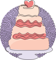 singolo continuo linea disegno nozze torta con amore forma su superiore. dolce torta per celebrare matrimonio festa. turbine arricciare cerchio stile. uno linea disegnare grafico design illustrazione png