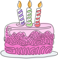 Single continuous line drawing birthday cake with three candles burning. Tasty dessert main dish of celebration birthday party. Swirl curl style. One line draw graphic design illustration png