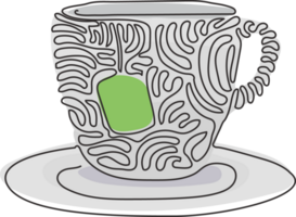 continuo uno línea dibujo taza con té bolsa. caliente verde té bebidas para desayuno. disfrutar frescura y relajación en el Mañana. remolino rizo estilo. soltero línea dibujar diseño gráfico ilustración png