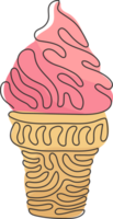 Single one line drawing delicious ice creams in crispy waffles cup. Tasty sweet ice-cream tastes. Cold summer desserts. Swirl curl style. Modern continuous line draw design graphic illustration png