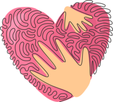 single een lijn tekening hand- aanraken hart, vorm sjabloon. hand- tintje hart logo voor beschermen natuur symbool. kolken krullen cirkel stijl. modern doorlopend lijn trek ontwerp grafisch illustratie png