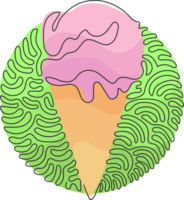 Single continuous line drawing delicious ice creams in crispy cone waffles. Tasty sweet ice-cream. Cold summer desserts. Swirl curl circle style. Dynamic one line draw graphic design png