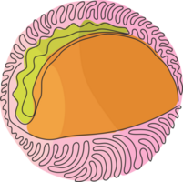Single continuous line drawing tacos Mexican fast food with tortilla, meat, lettuce, cheese, tomato, sauce. Swirl curl circle style. Dynamic one line draw graphic design illustration png