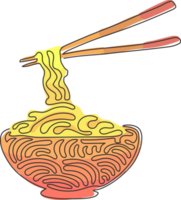 Single one line drawing noodle in bowl. Asian ramen oriental, traditional Chinese restaurant with pasta and chopsticks. Swirl curl style. Modern continuous line draw design graphic illustration png