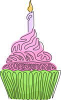 Continuous one line drawing yummy cupcake with candle. Sweet tasty cake. Delicious dessert for dinner. Snack in birthday party. Swirl curl style. Single line draw design graphic illustration png