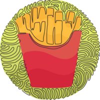 Continuous one line drawing French fries in paper box package, isolated. Fried potato. Fast food retro artwork. Swirl curl circle style. Single line draw design graphic illustration png