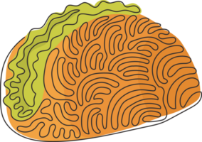 Continuous one line drawing tacos traditional Mexican fast food with tortilla, meat, vegetables, lettuce, cheese, tomato, sauce. Swirl curl style. Single line draw design graphic illustration png