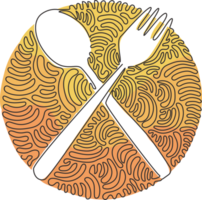 Single continuous line drawing crossed spoon and fork icon. Restaurant symbol. Cutlery simple flat design. Swirl curl circle style. Dynamic one line draw graphic design illustration png