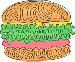 solteiro 1 linha desenhando Hamburger, X-Burger. pão com costeleta, queijo, alface, tomate. americano rua velozes Comida. redemoinho ondulação estilo. moderno contínuo linha desenhar Projeto gráfico ilustração png