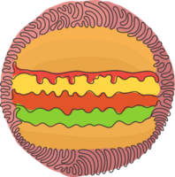 Single one line drawing hamburger, cheeseburger. Bun with cutlet, cheese, lettuce, tomato. Street fast food. Swirl curl circle style. Continuous line draw design graphic illustration png