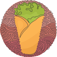 Célibataire un ligne dessin shawarma ou poulet envelopper. turc vite nourriture avec Viande et des légumes. repas sur gril de chawarma. tourbillon boucle cercle style. continu ligne dessiner conception graphique vecteur png